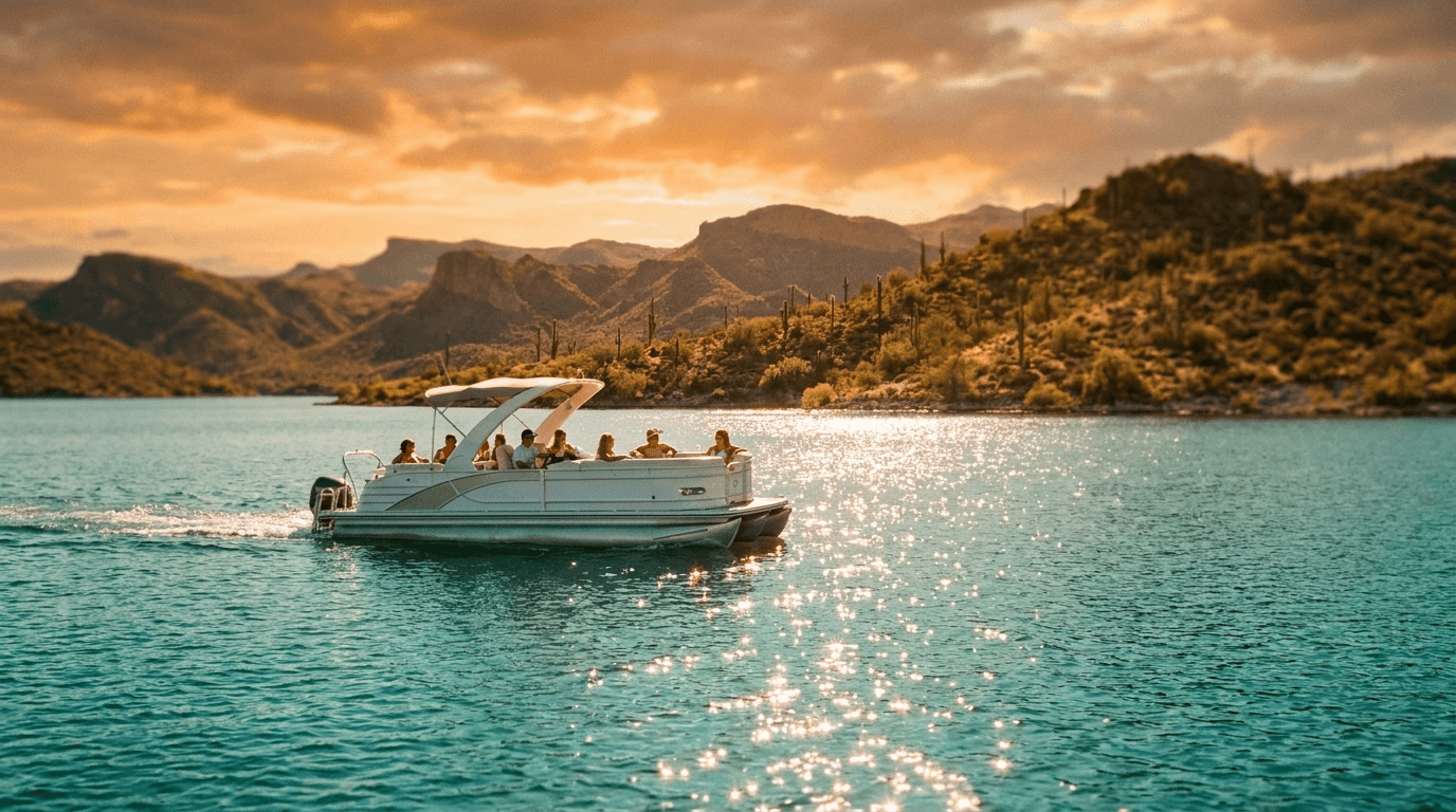 Pontoon boat at golden hour on an Arizona lake